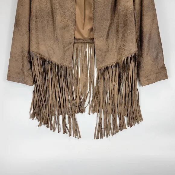 Chicos Faux Leather Fringe Open Front Jacket Women 1 Medium Boho Western Cowgirl - Picture 2 of 12